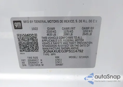 2023 Chevrolet Equinox Awd Lt z USA, uszkodzony, nr VIN 3GNAXUEG3PS114792